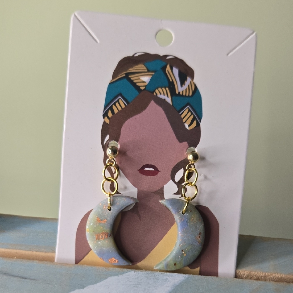Gold and Blue Crescent Earrings